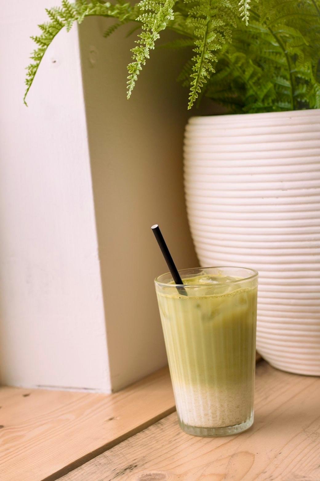 A cold blended shake in a glass beside a fern