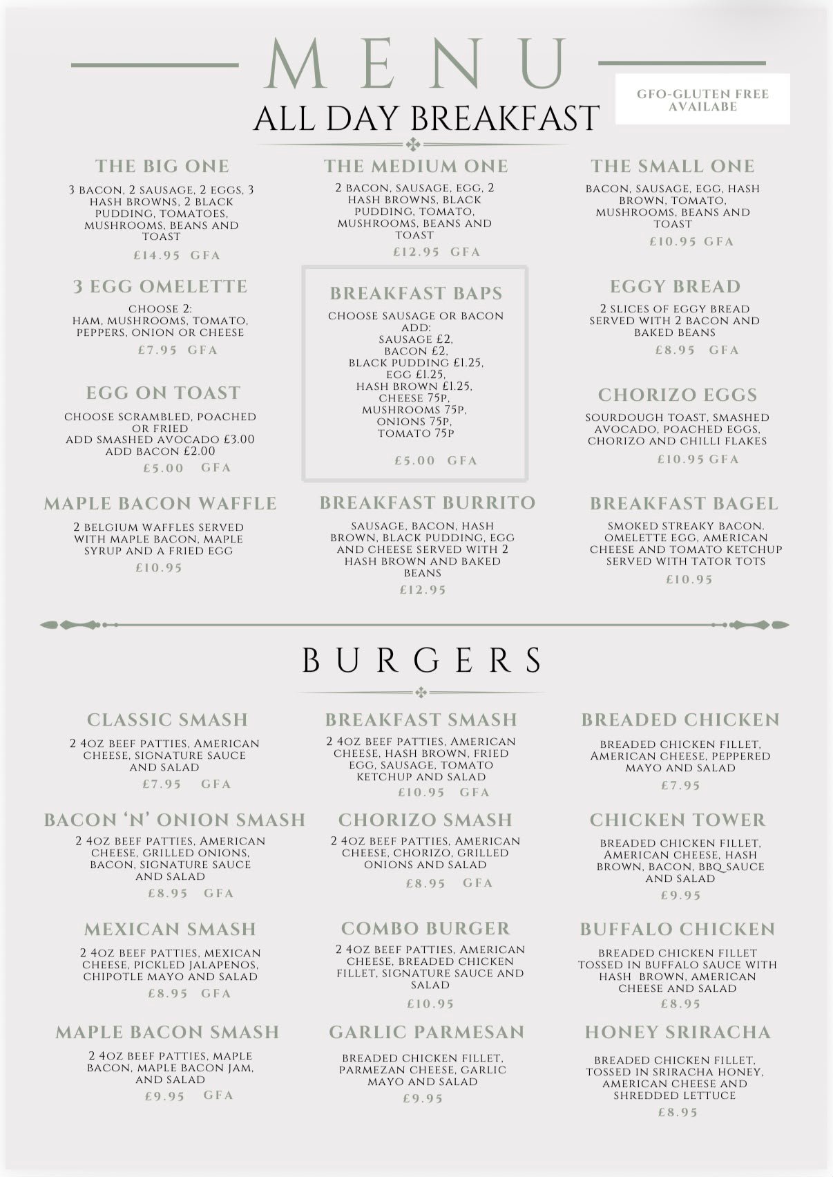 Dan&rsquo;s Cafe all day breakfast and burgers menu &mdash; The Big One, breakfast baps, breakfast burrito, and the full smash burger range