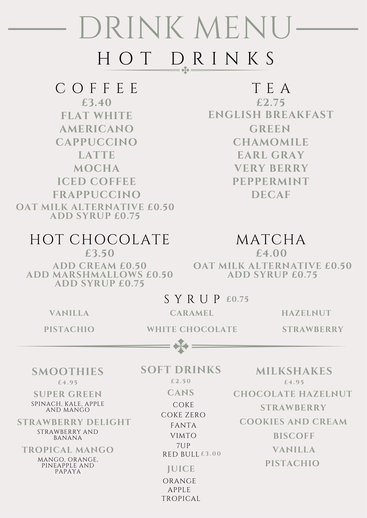 Dan&rsquo;s Cafe drinks menu &mdash; coffee, tea, hot chocolate, matcha, smoothies, soft drinks and milkshakes