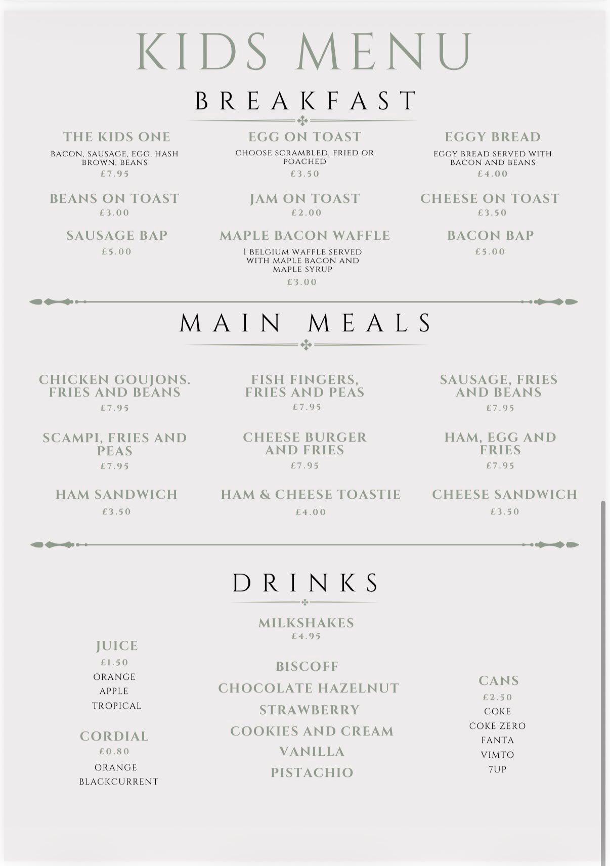 Dan&rsquo;s Cafe kids menu &mdash; children&rsquo;s breakfasts, main meals and drinks