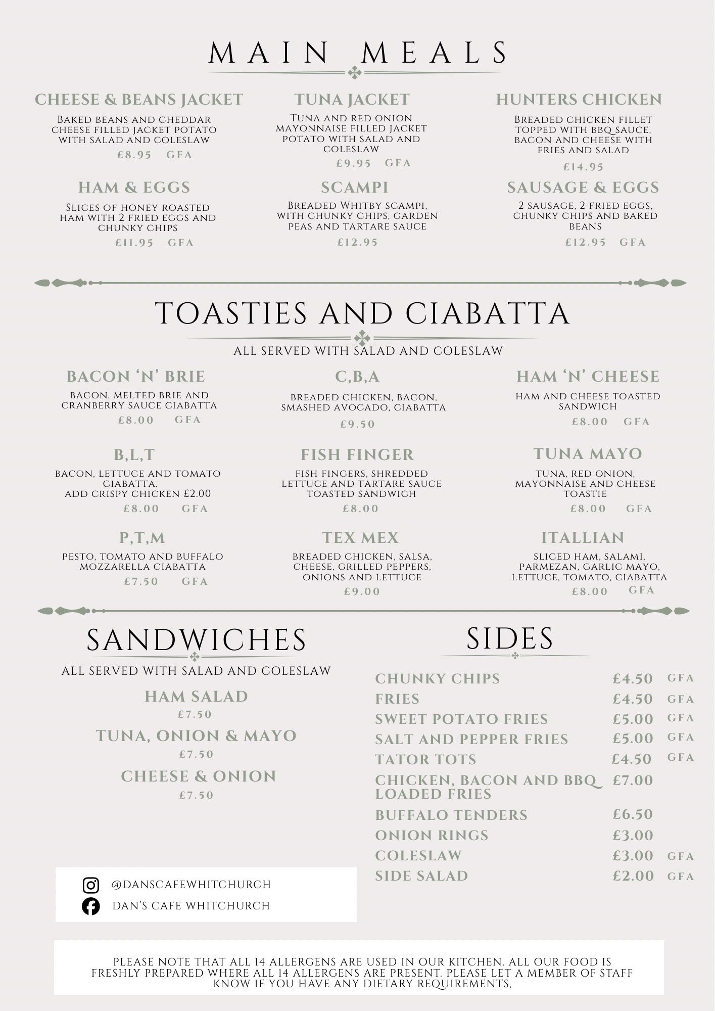 Dan&rsquo;s Cafe main meals menu &mdash; jackets, hunters chicken, scampi, toasties, ciabattas, sandwiches and sides